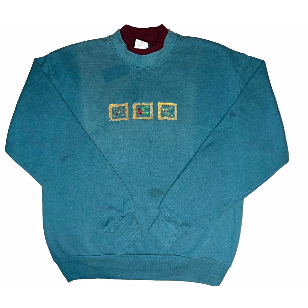 Vintage 90s Jerzees Sweatshirt M Teal Floral Embroidered Cottagecore 50/50